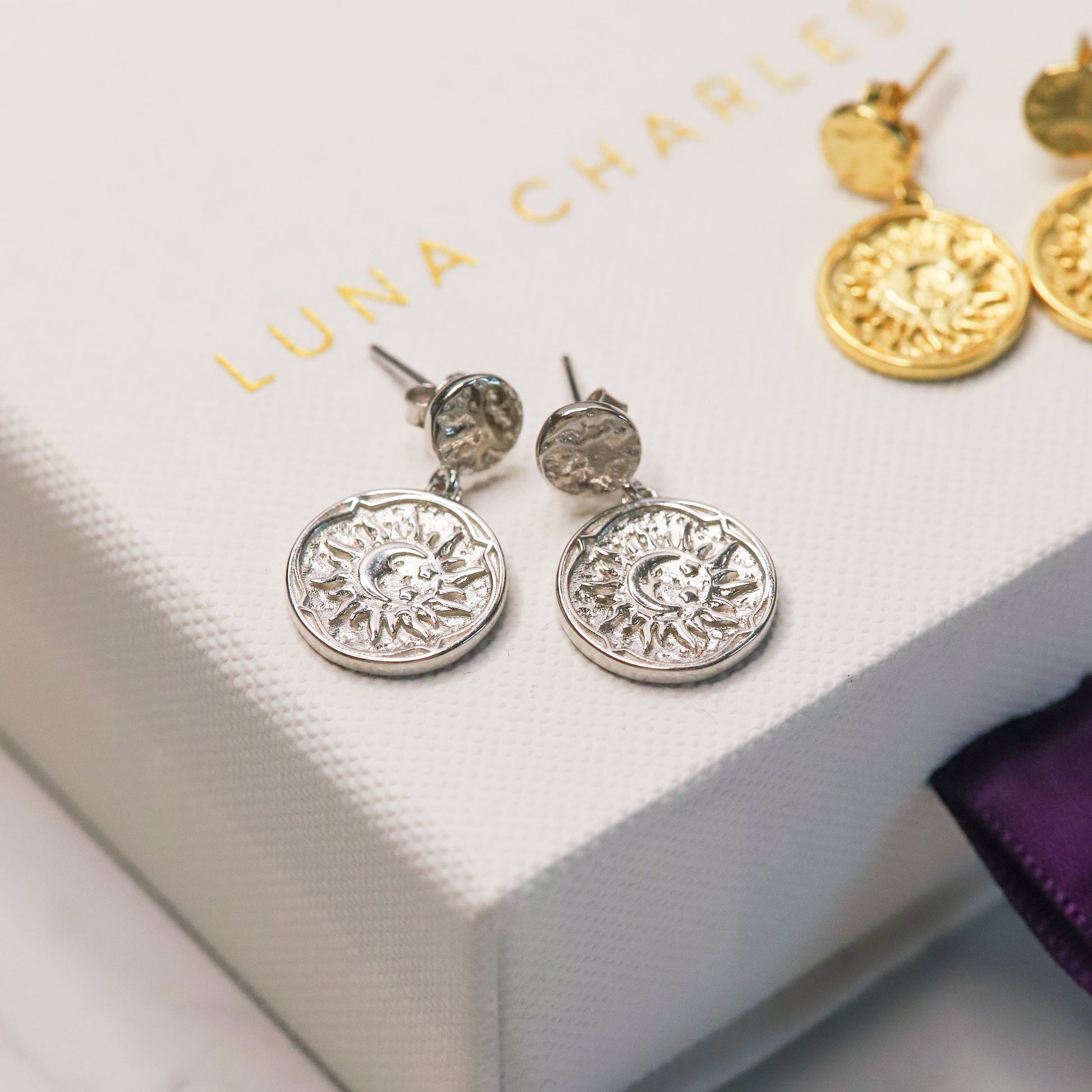Aruna Sun Coin Drop Earrings | 925 Sterling Silver - Earrings