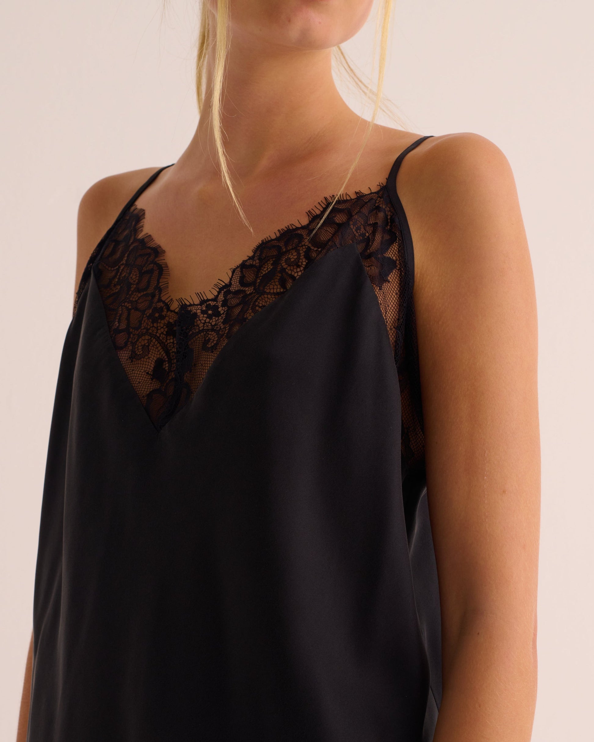 Black Washable Organic Stretch Silk & Lace Camisole -