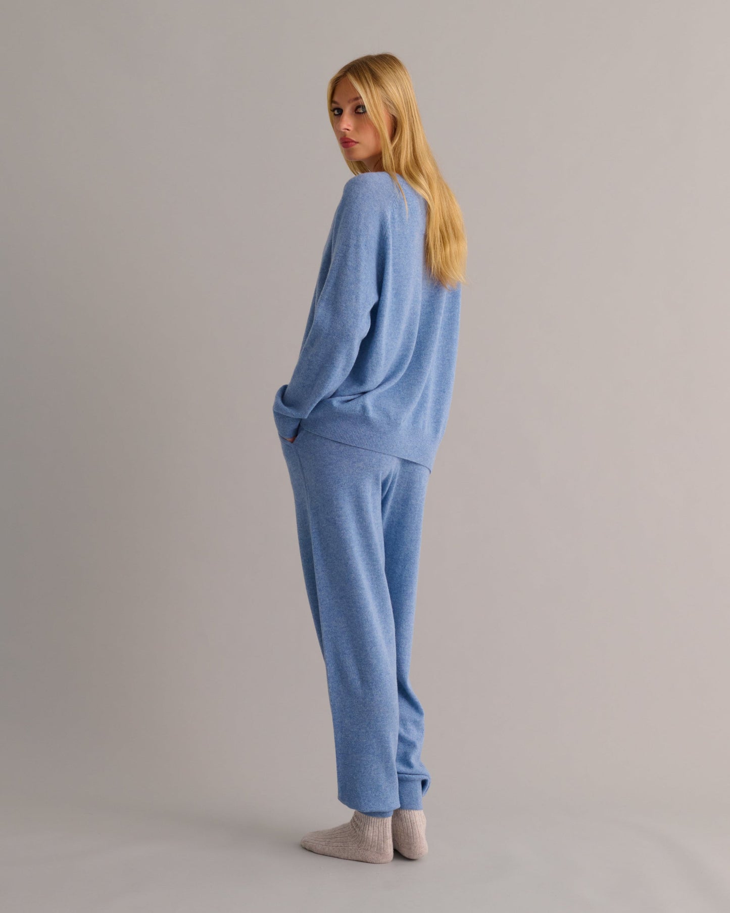 Chambray Blue Cashmere Cuffed Ankle Joggers -