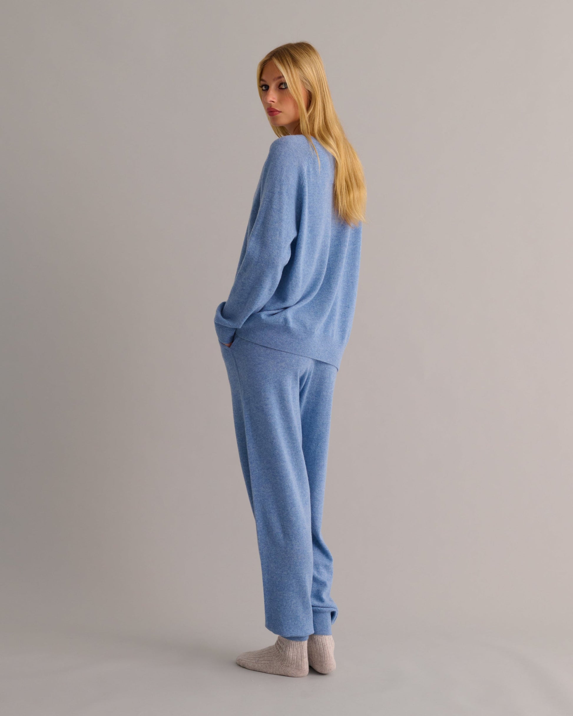 Chambray Blue Cashmere Cuffed Ankle Joggers -
