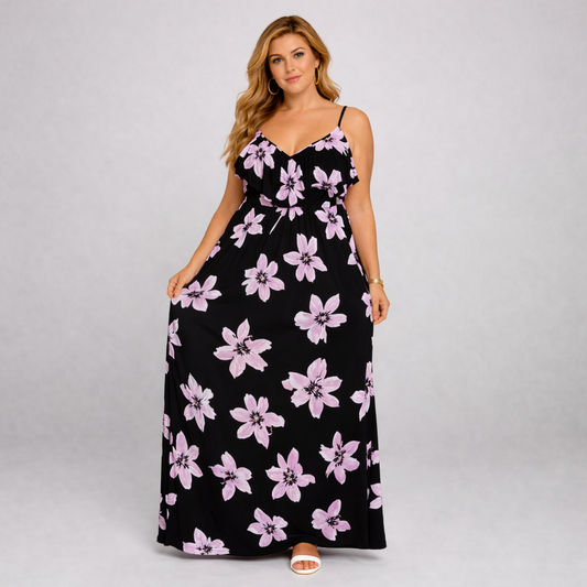 Lilac Floral Print V Frilled Top Maxi Dress LILAC - Dresses
