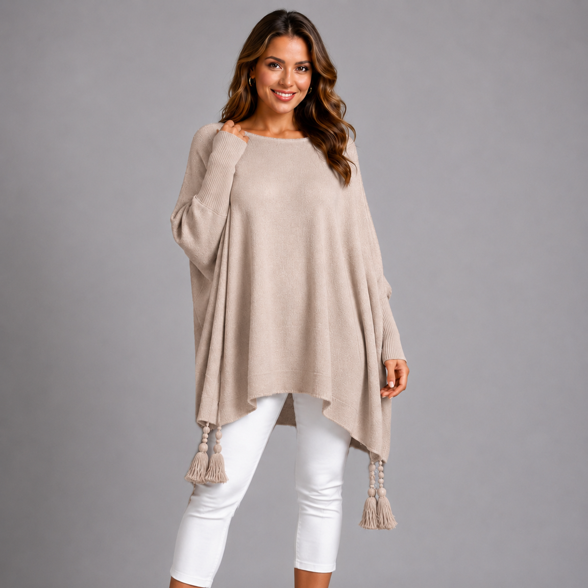 Slash Neck Oversized Jumper with Tassel Detail STONE ONE SIZE - Jumper