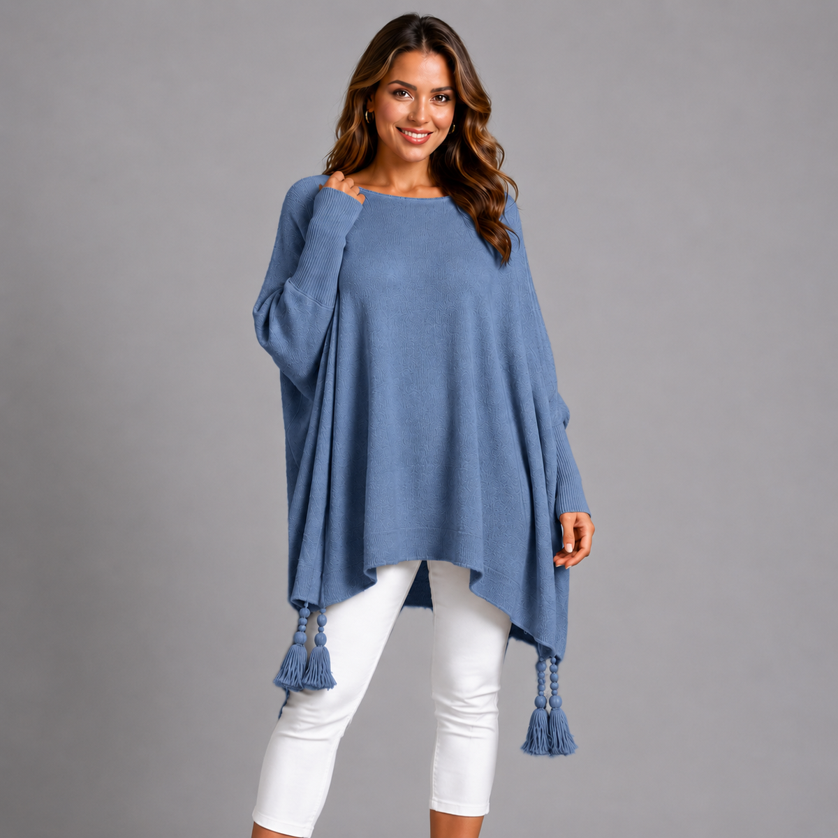 Slash Neck Oversized Jumper with Tassel Detail AIRFORCE BLUE ONE SIZE - Jumper