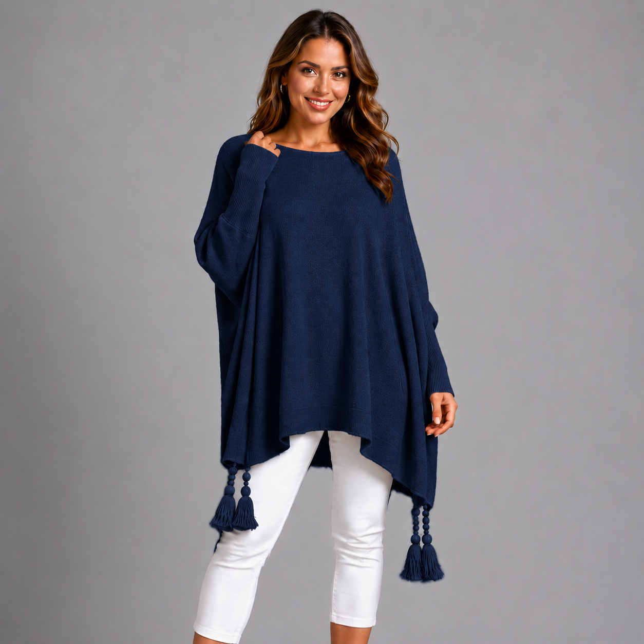 Slash Neck Oversized Jumper with Tassel Detail NAVY BLUE ONE SIZE - Jumper