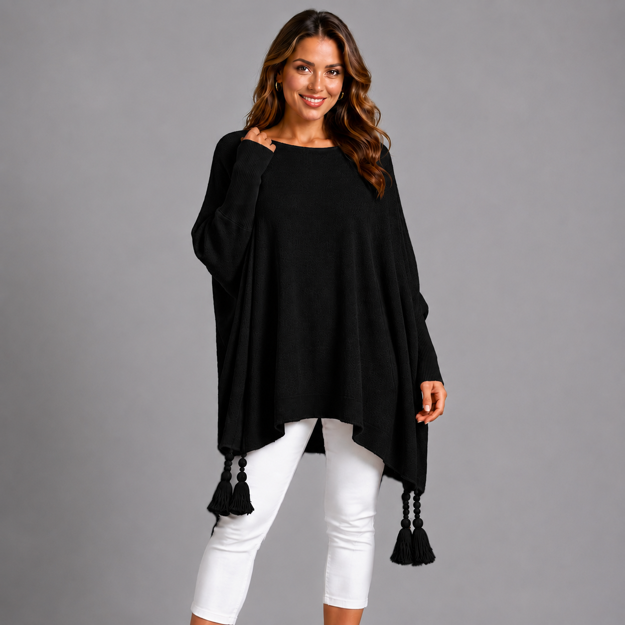 Slash Neck Oversized Jumper with Tassel Detail BLACK ONE SIZE - Jumper