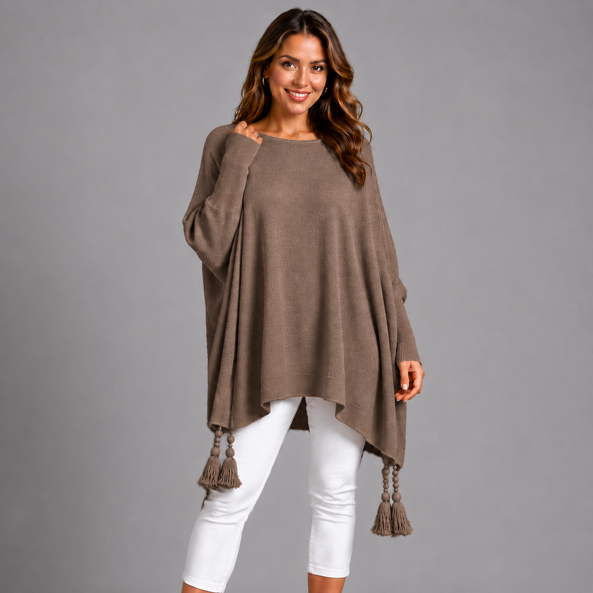 Slash Neck Oversized Jumper with Tassel Detail MOCHA ONE SIZE - Jumper