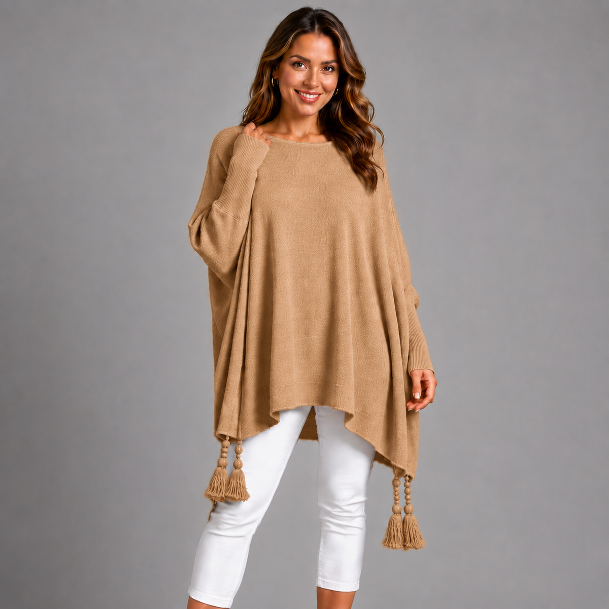Slash Neck Oversized Jumper with Tassel Detail CAMEL ONE SIZE - Jumper