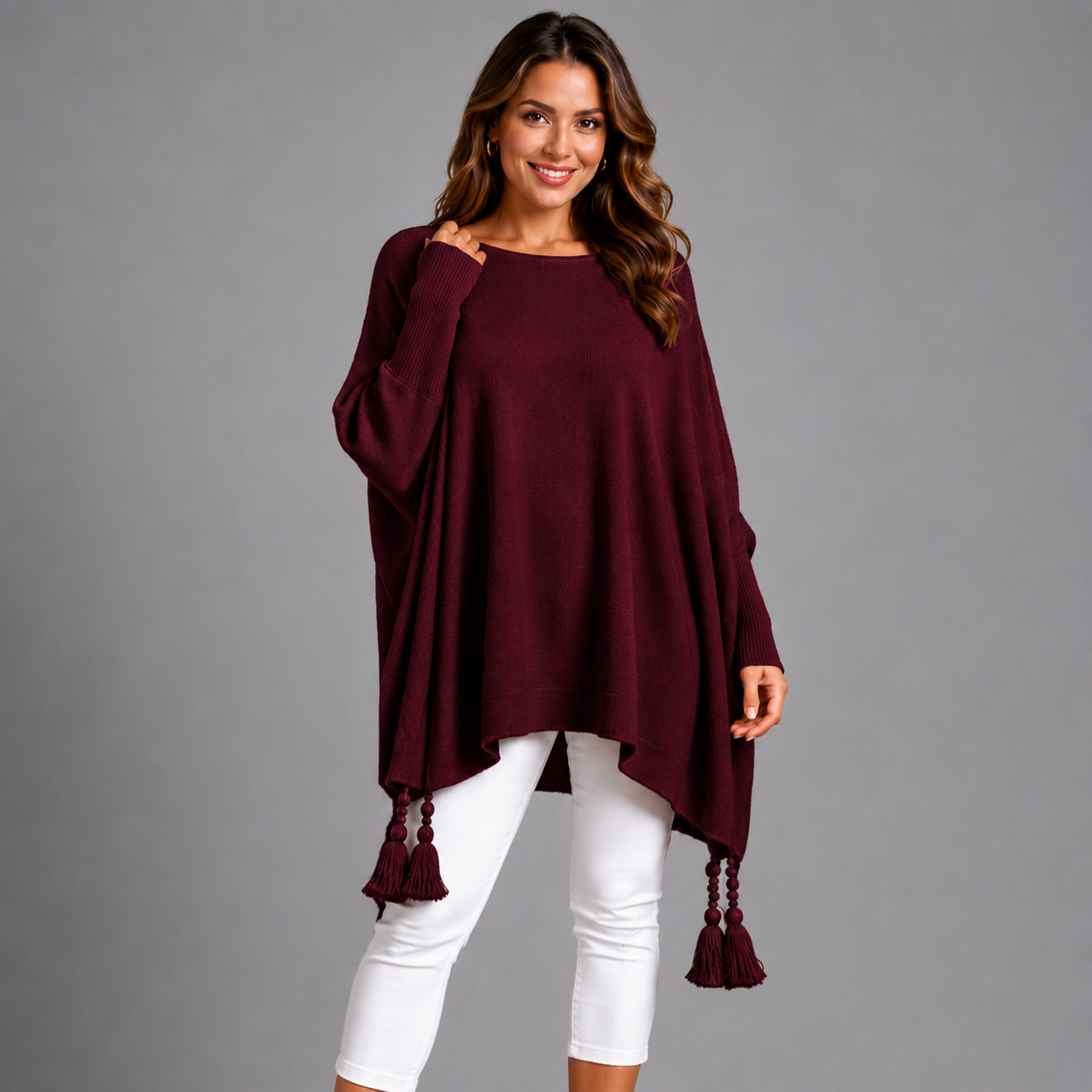 Slash Neck Oversized Jumper with Tassel Detail WINE ONE SIZE - Jumper