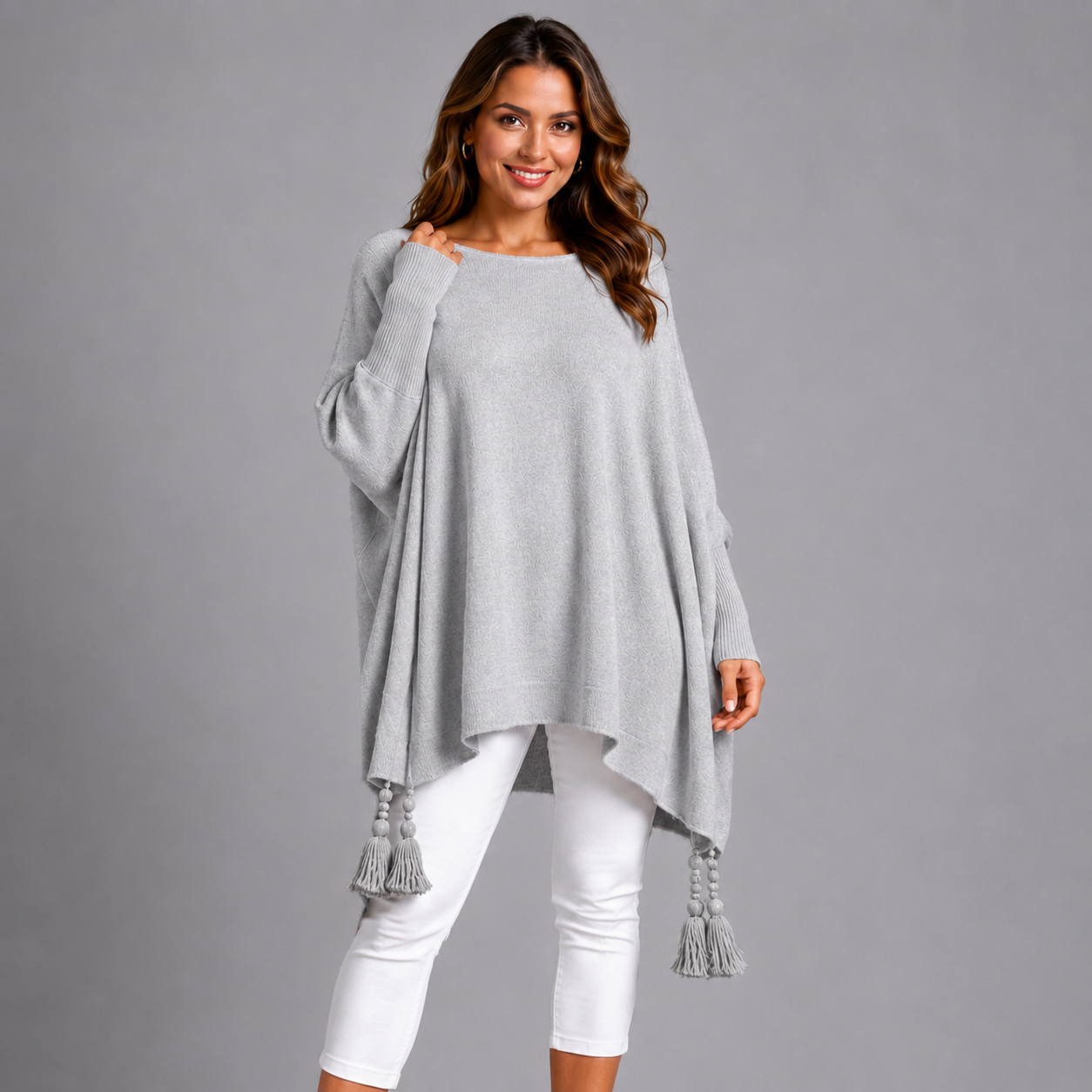 Slash Neck Oversized Jumper with Tassel Detail GREY ONE SIZE - Jumper