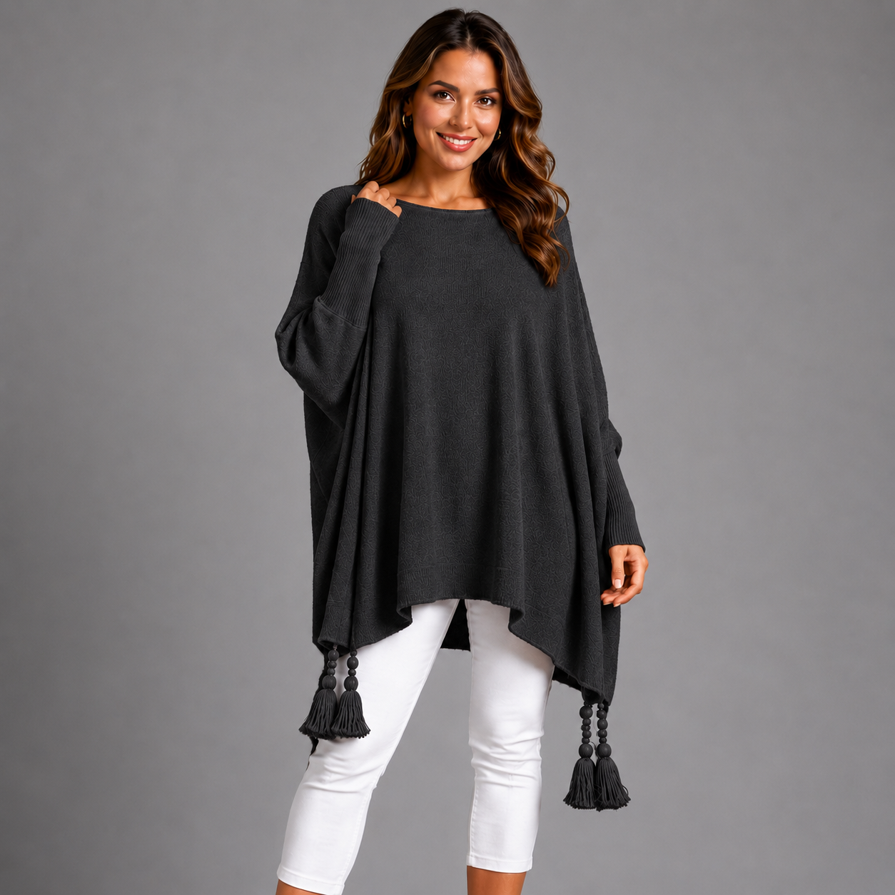 Slash Neck Oversized Jumper with Tassel Detail CHARCOAL ONE SIZE - Jumper