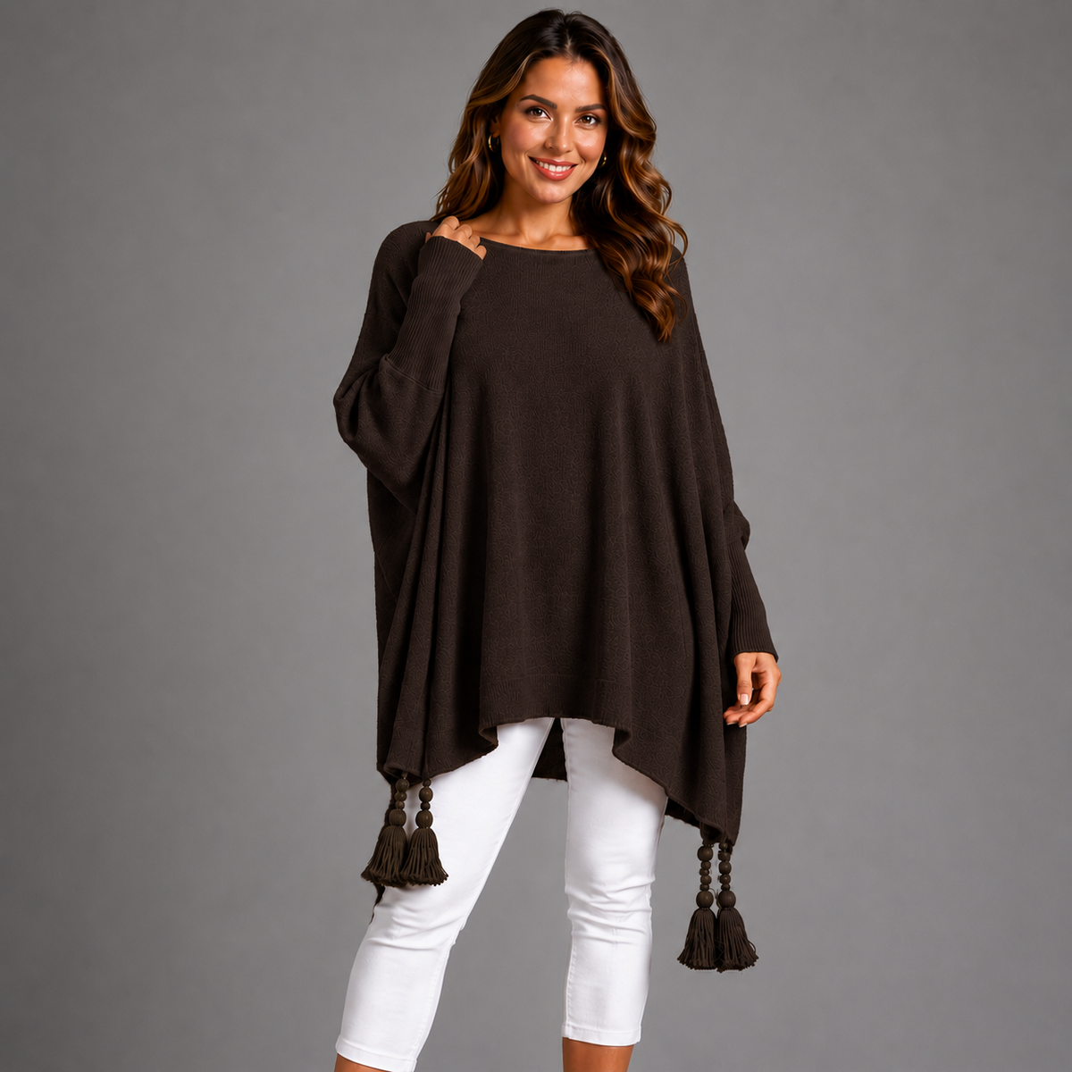 Slash Neck Oversized Jumper with Tassel Detail BROWN ONE SIZE - Jumper
