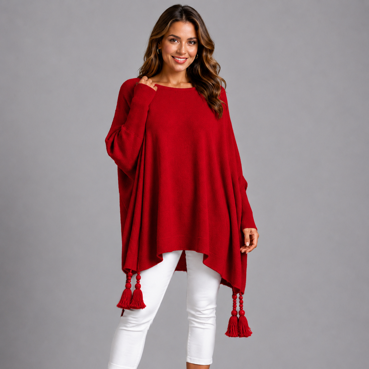 Slash Neck Oversized Jumper with Tassel Detail RED ONE SIZE - Jumper