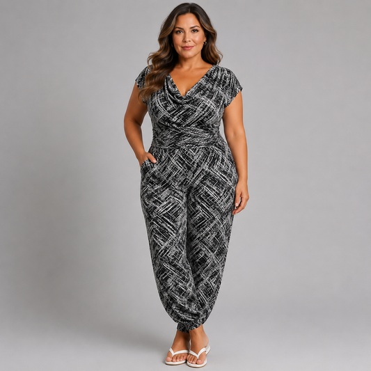 Black White Abstract Cowl Neck Jumpsuit WHITE BLACK - Jumpsuit