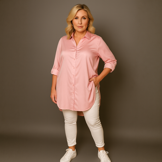 Dipped Hem Satin Shirt with 3/4 button Tab Sleeves PALE PINK - Blouse / Shirt