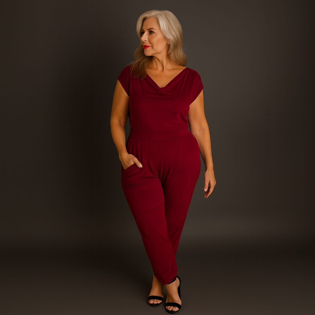 Soft Suedette Cowl Neck Jumpsuit with Pockets WINE - Jumpsuit