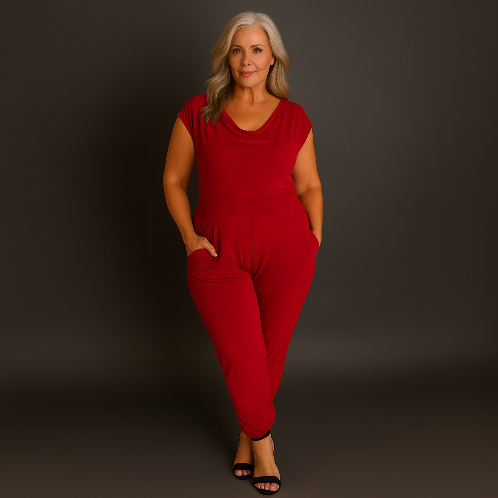 Soft Suedette Cowl Neck Jumpsuit with Pockets RED - Jumpsuit