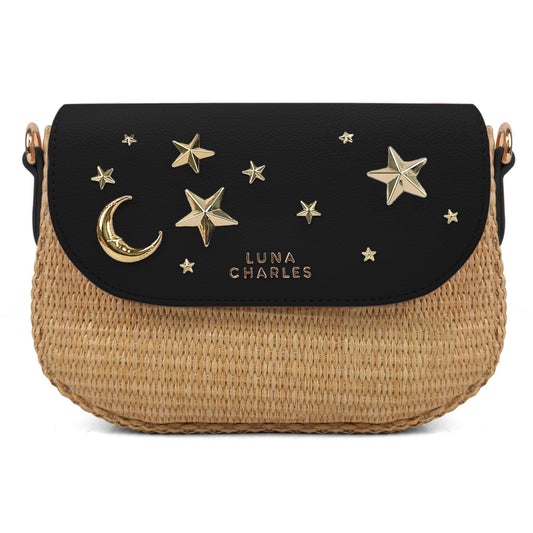 Elena Star Studded Rattan Handbag - Black & Gold - Bags