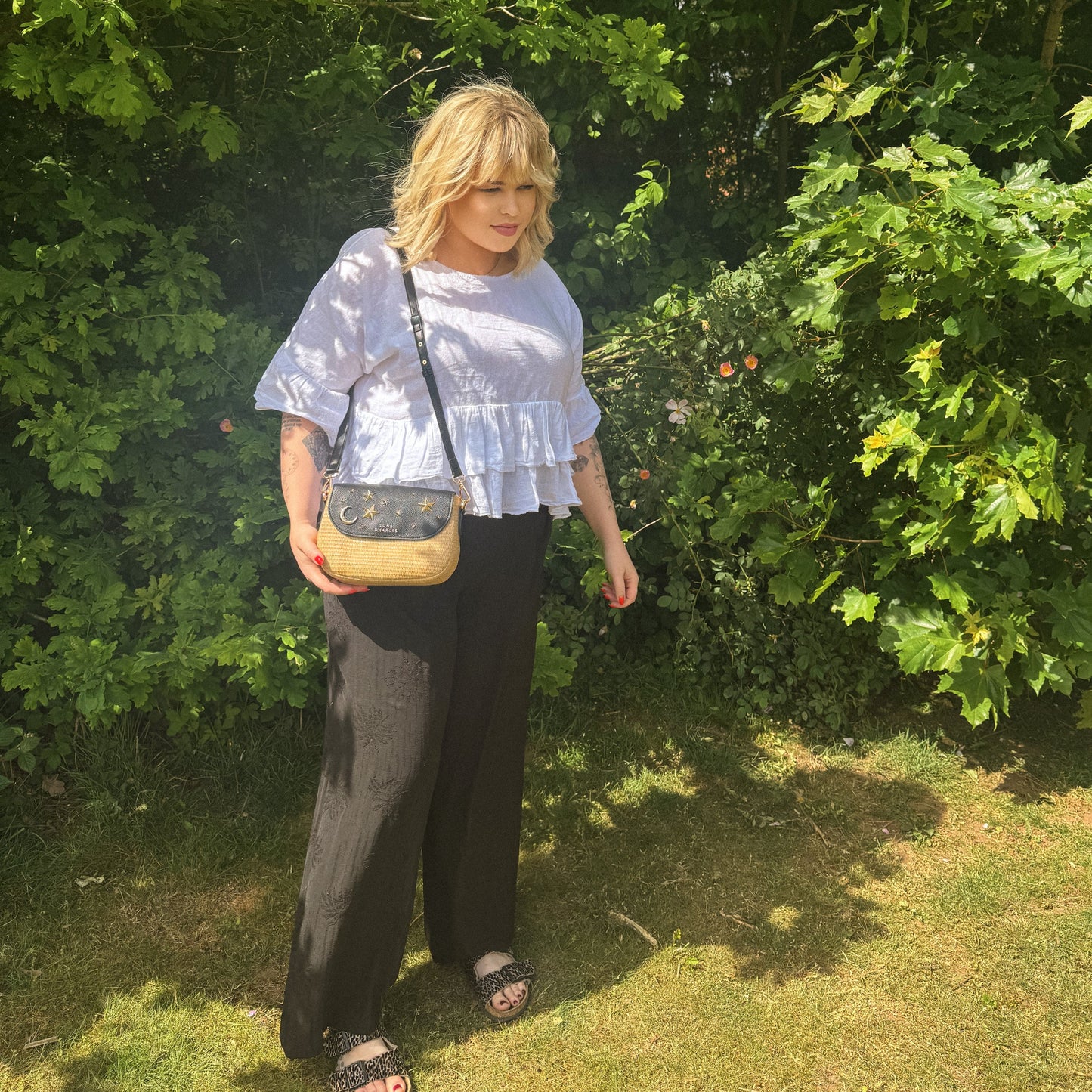 Elena Star Studded Rattan Handbag - Black & Gold - Bags