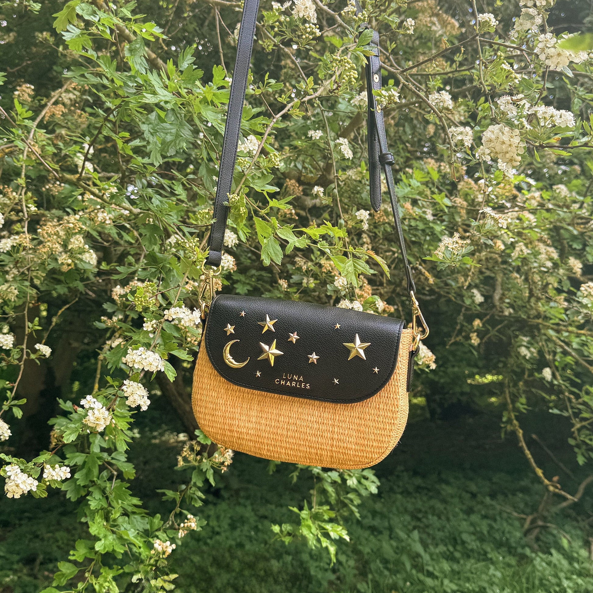 Elena Star Studded Rattan Handbag - Black & Gold - Bags