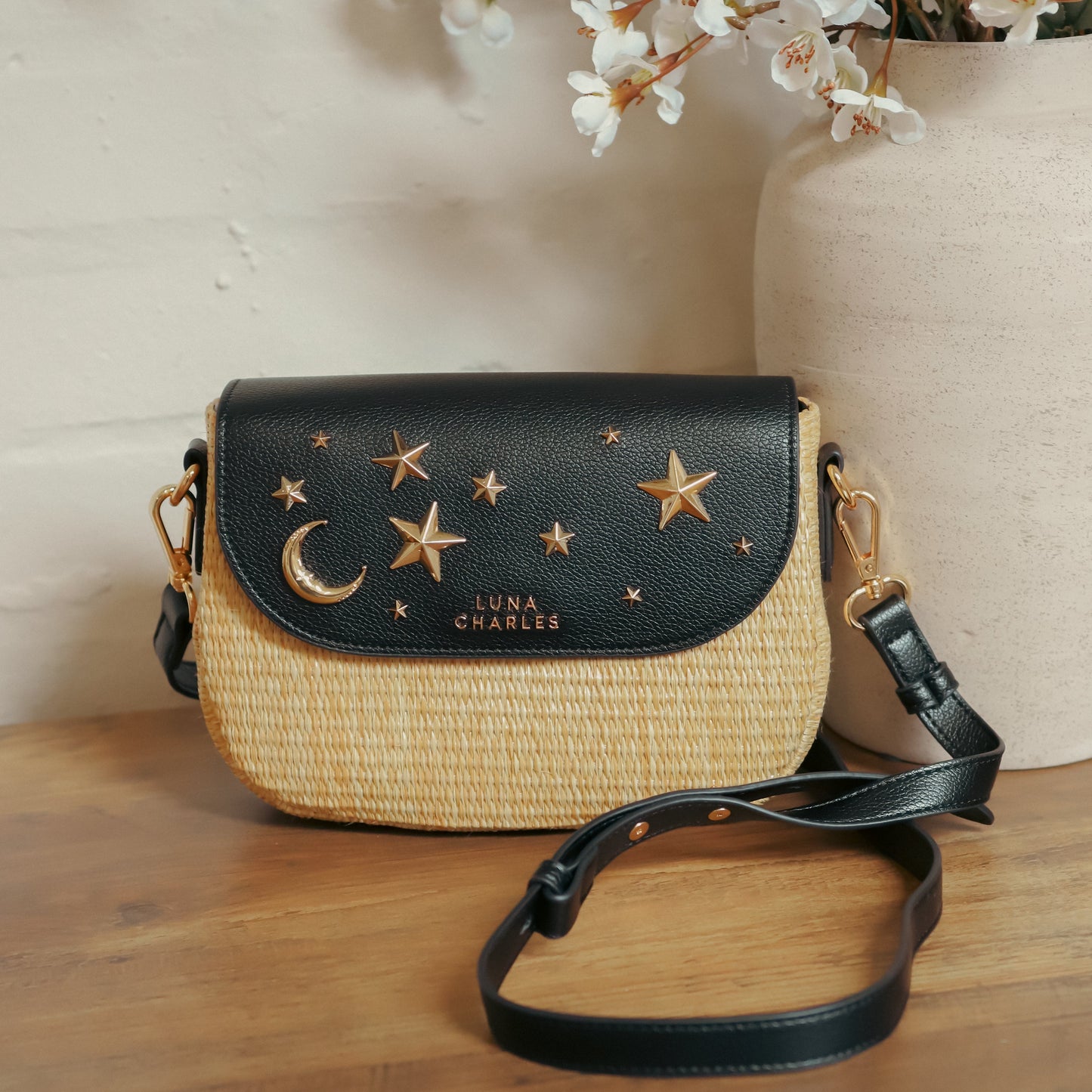Elena Star Studded Rattan Handbag - Black & Gold - Bags