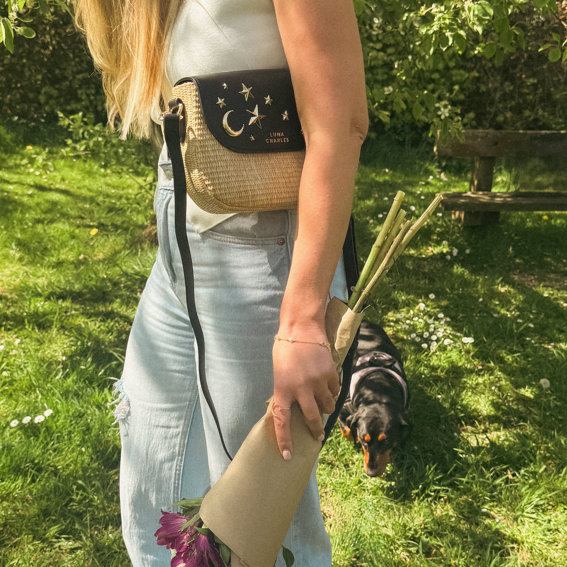 Elena Star Studded Rattan Handbag - Black & Gold - Bags