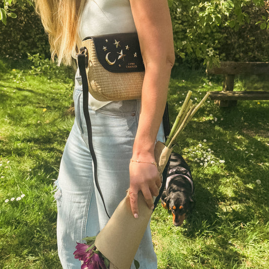 Elena Star Studded Rattan Handbag - Black & Gold - Bags