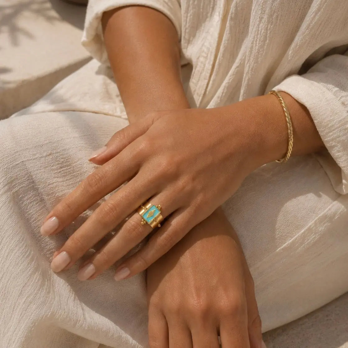 Luna Wide Band Irregular Turquoise Crystal Ring - RING