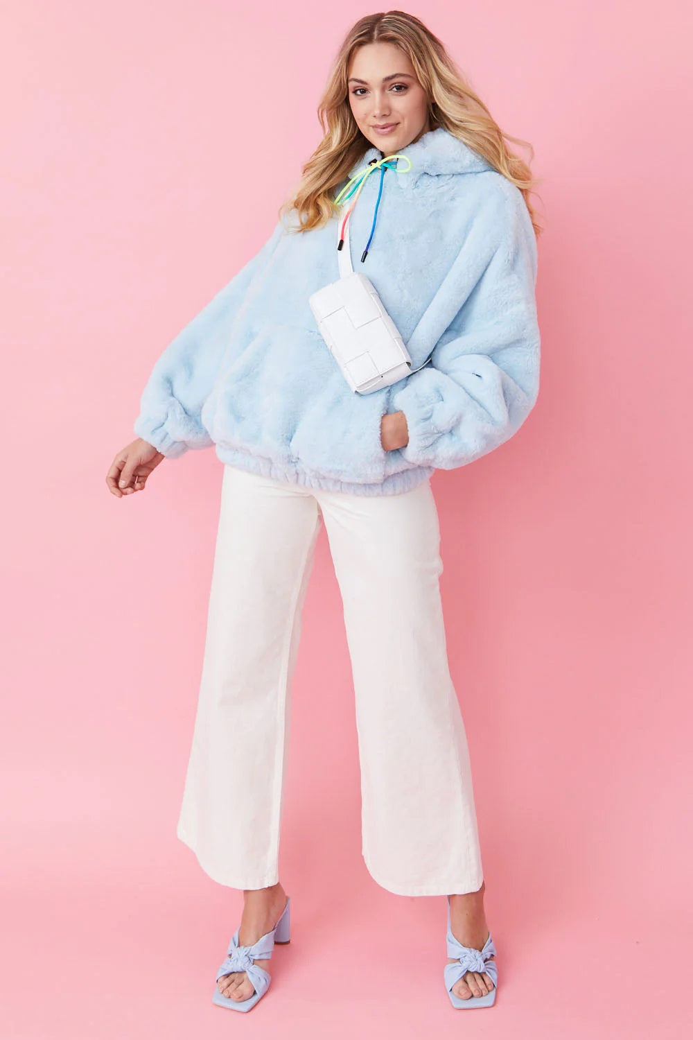Faux Fur Oversized Light Blue Hoodie - Tops