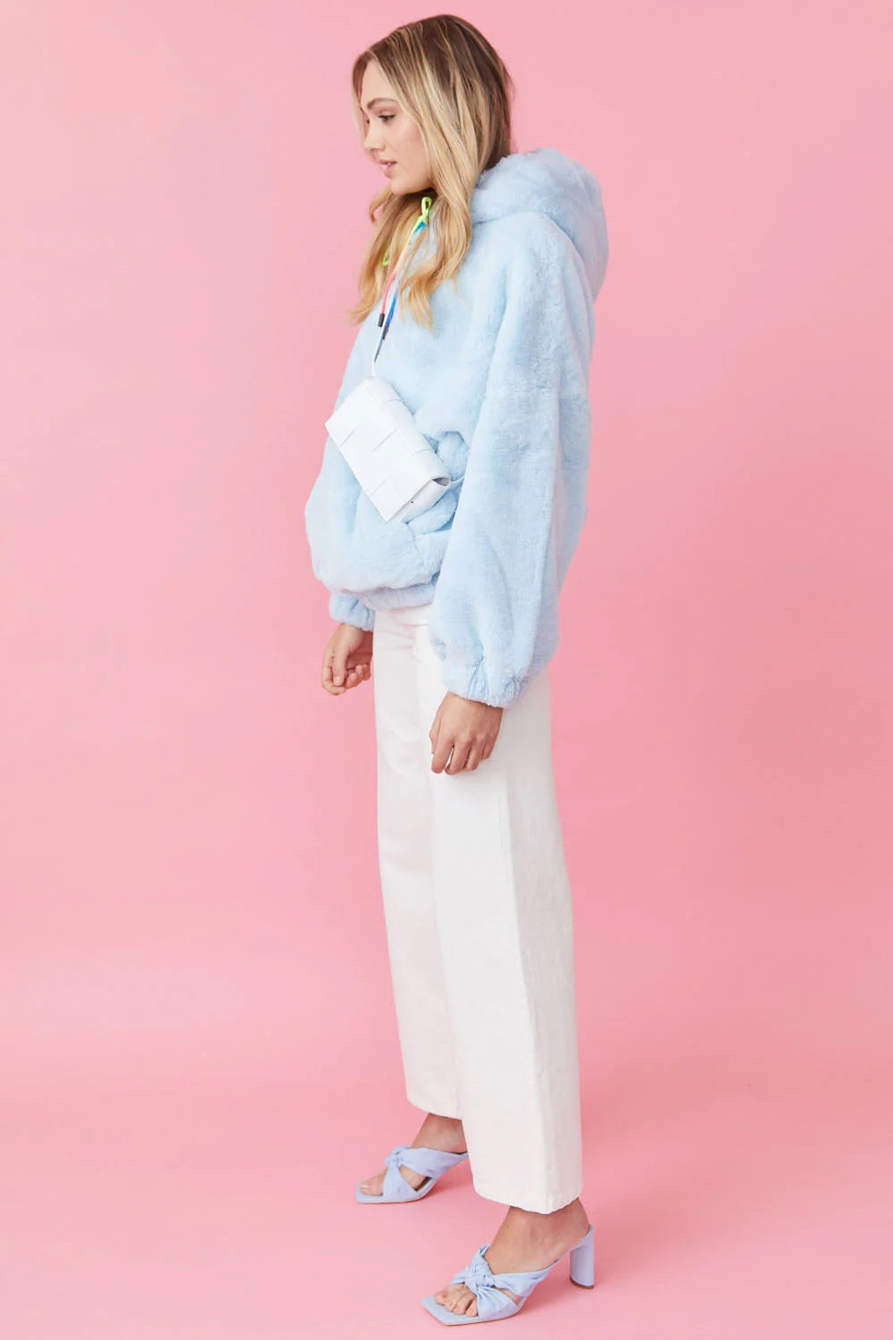 Faux Fur Oversized Light Blue Hoodie - Tops