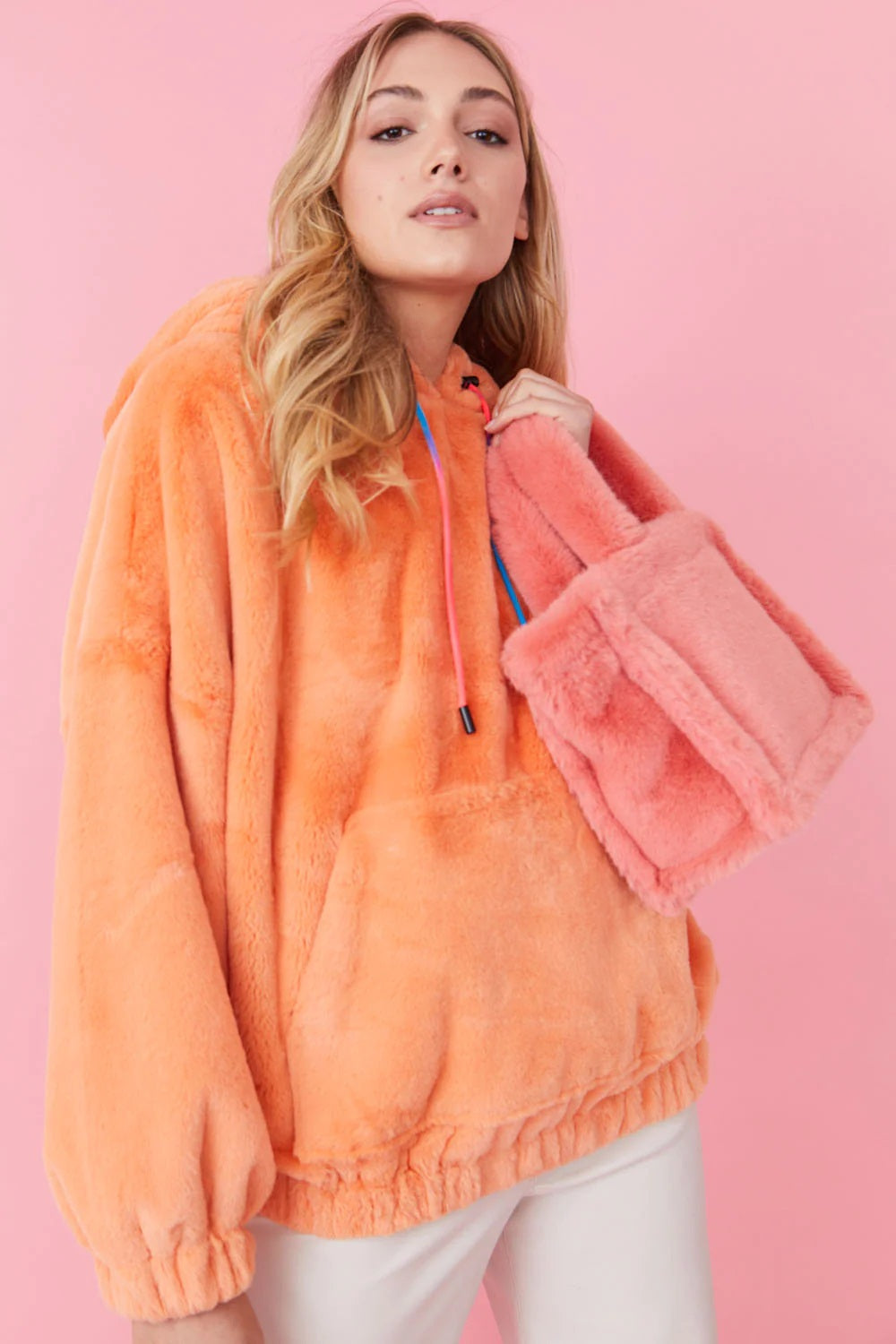 Faux Fur Oversized Orange Hoodie S-M Orange Faux Fur - Tops