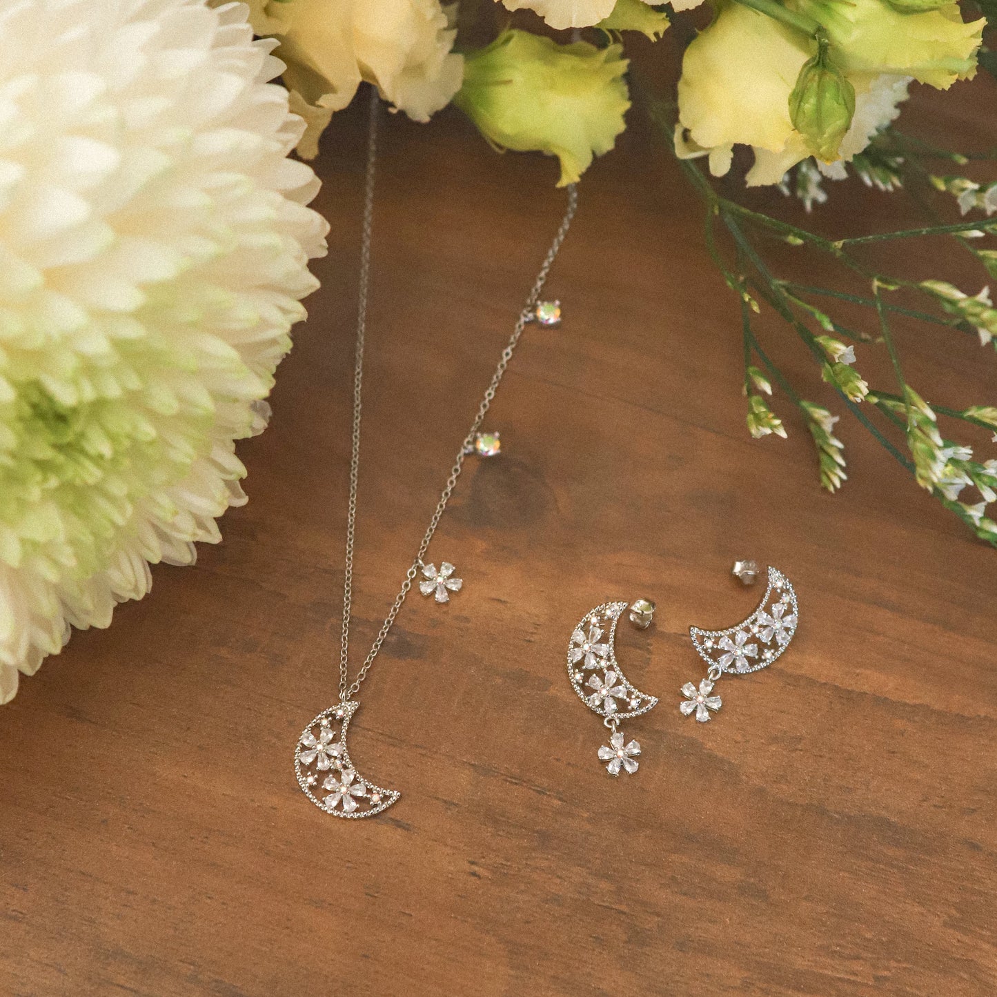 Flora Flower Moon Pendant Necklace | 925 Sterling Silver - Necklace