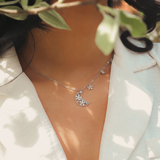 Flora Flower Moon Pendant Necklace | 925 Sterling Silver - Necklace