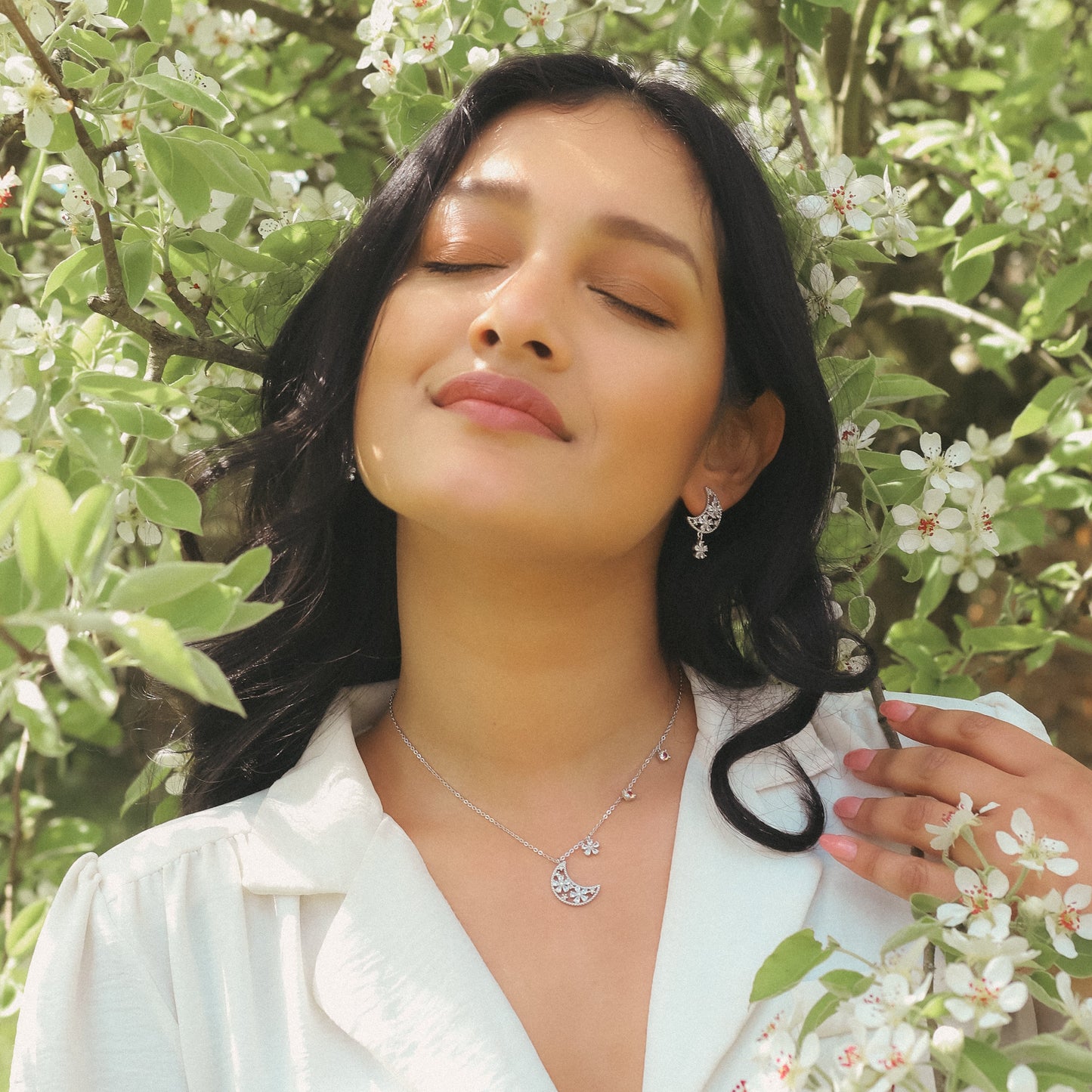 Flora Flower Moon Pendant Necklace | 925 Sterling Silver - Necklace