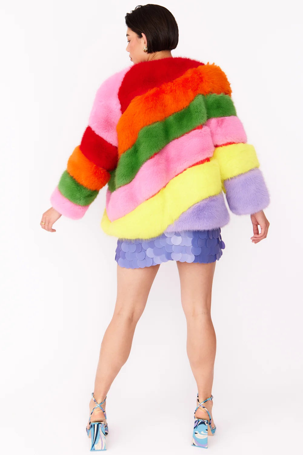Gaga Faux Fur Striped Rainbow Coat - Faux Fur Coats