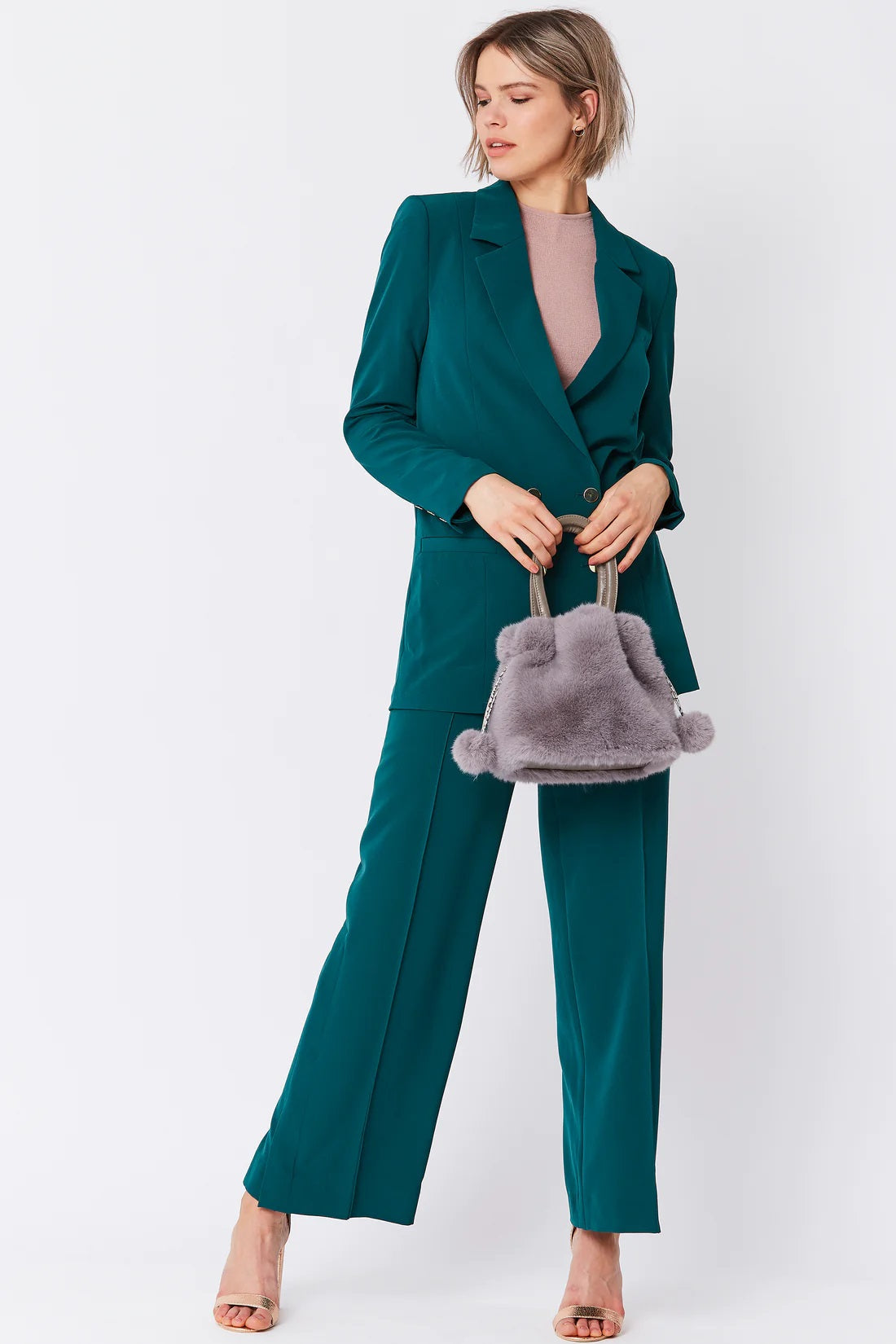 Grey Faux Fur Pom-Pom Drawstring Bucket Bag - Bags