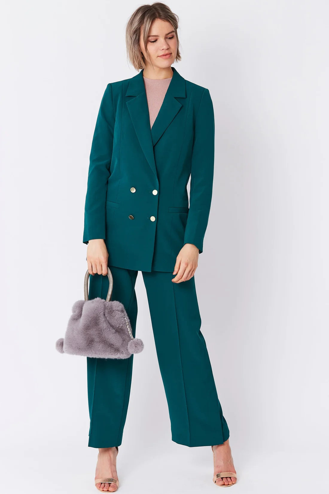 Grey Faux Fur Pom-Pom Drawstring Bucket Bag - Bags