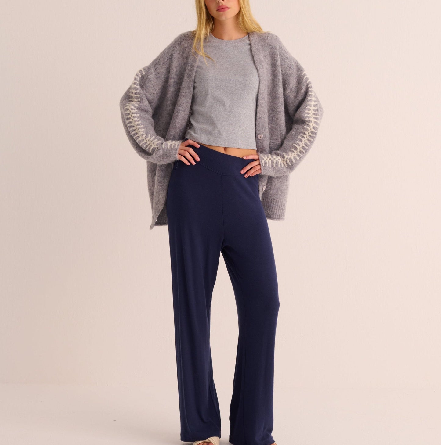 Soft Grey Marl Alpaca Blend Cardigan with Ivory Stitch Detail -