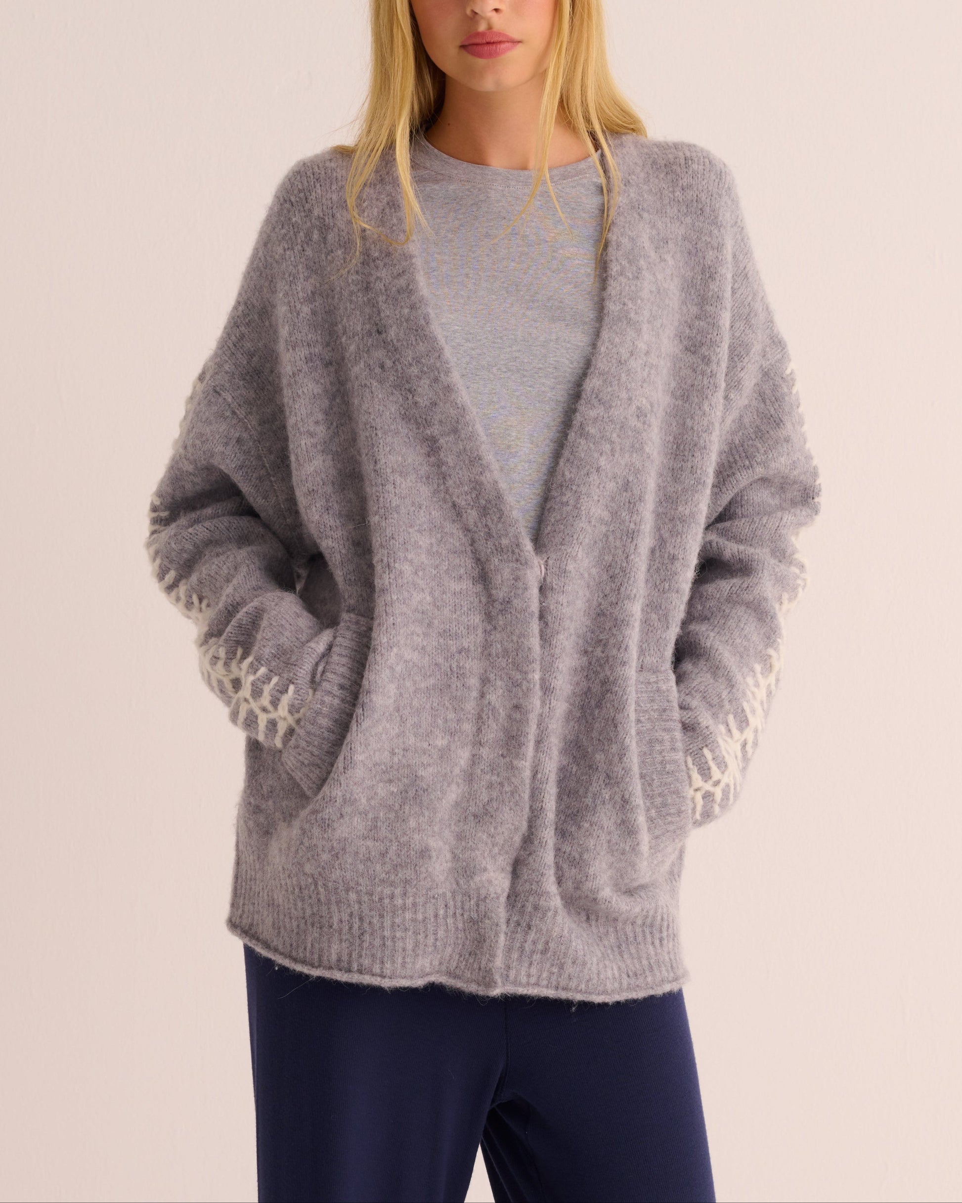 Soft Grey Marl Alpaca Blend Cardigan with Ivory Stitch Detail -