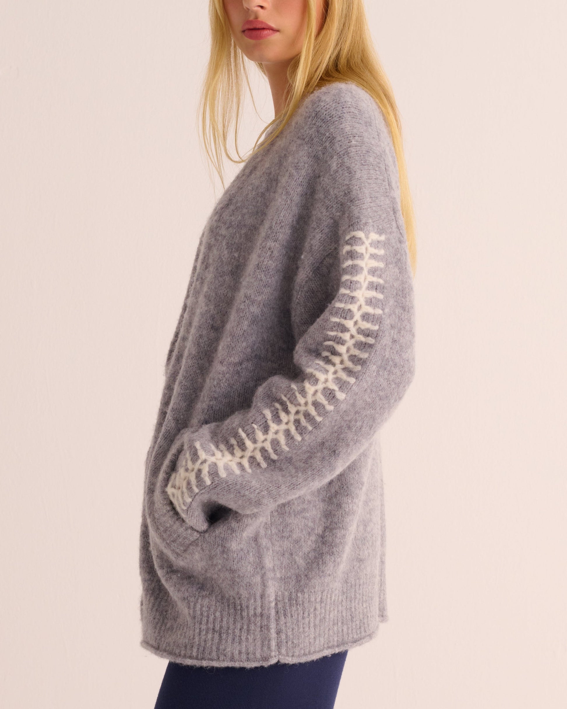Soft Grey Marl Alpaca Blend Cardigan with Ivory Stitch Detail -