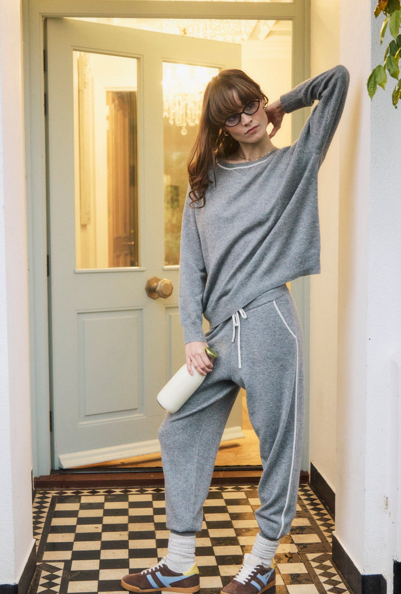 Silver Grey Marl Cashmere and Silk Sweatshirt with Ivory Contrast - Sweaters