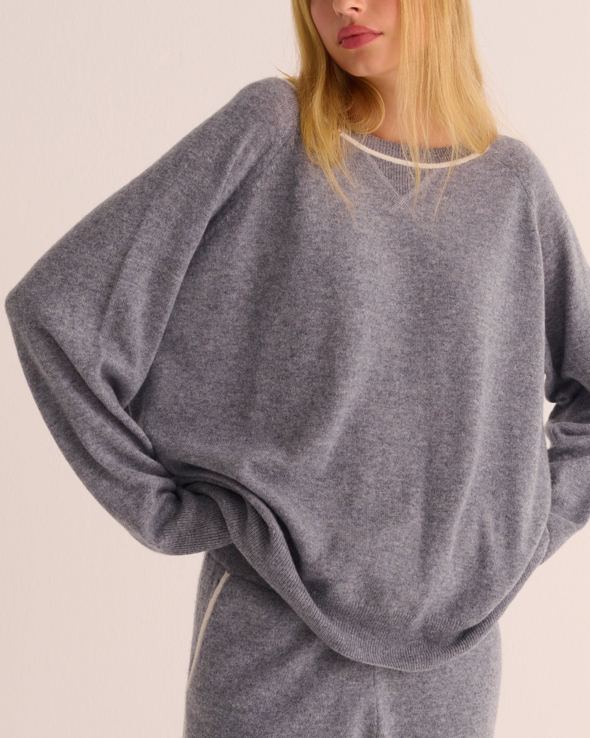 Silver Grey Marl Cashmere and Silk Sweatshirt with Ivory Contrast - Sweaters