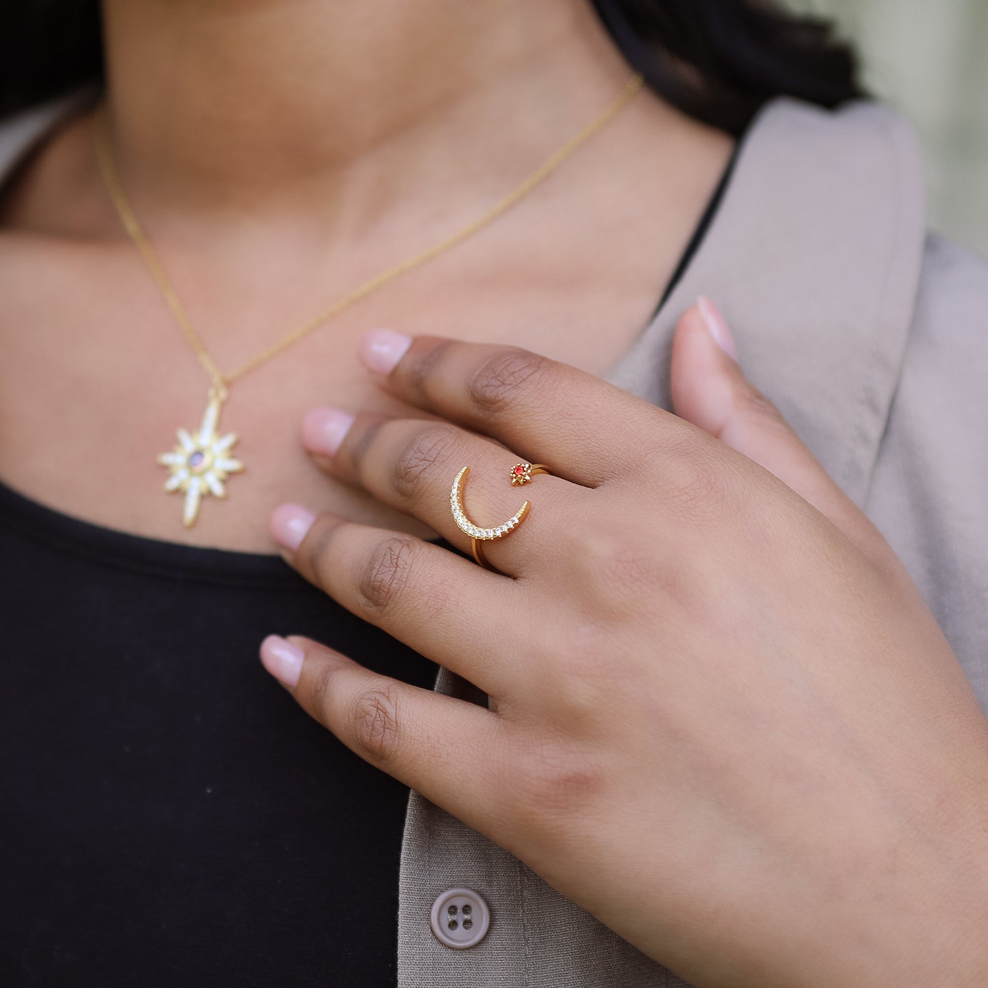 Zira Star and Moon Birthstone Ring | 18K Gold Plated - Ring
