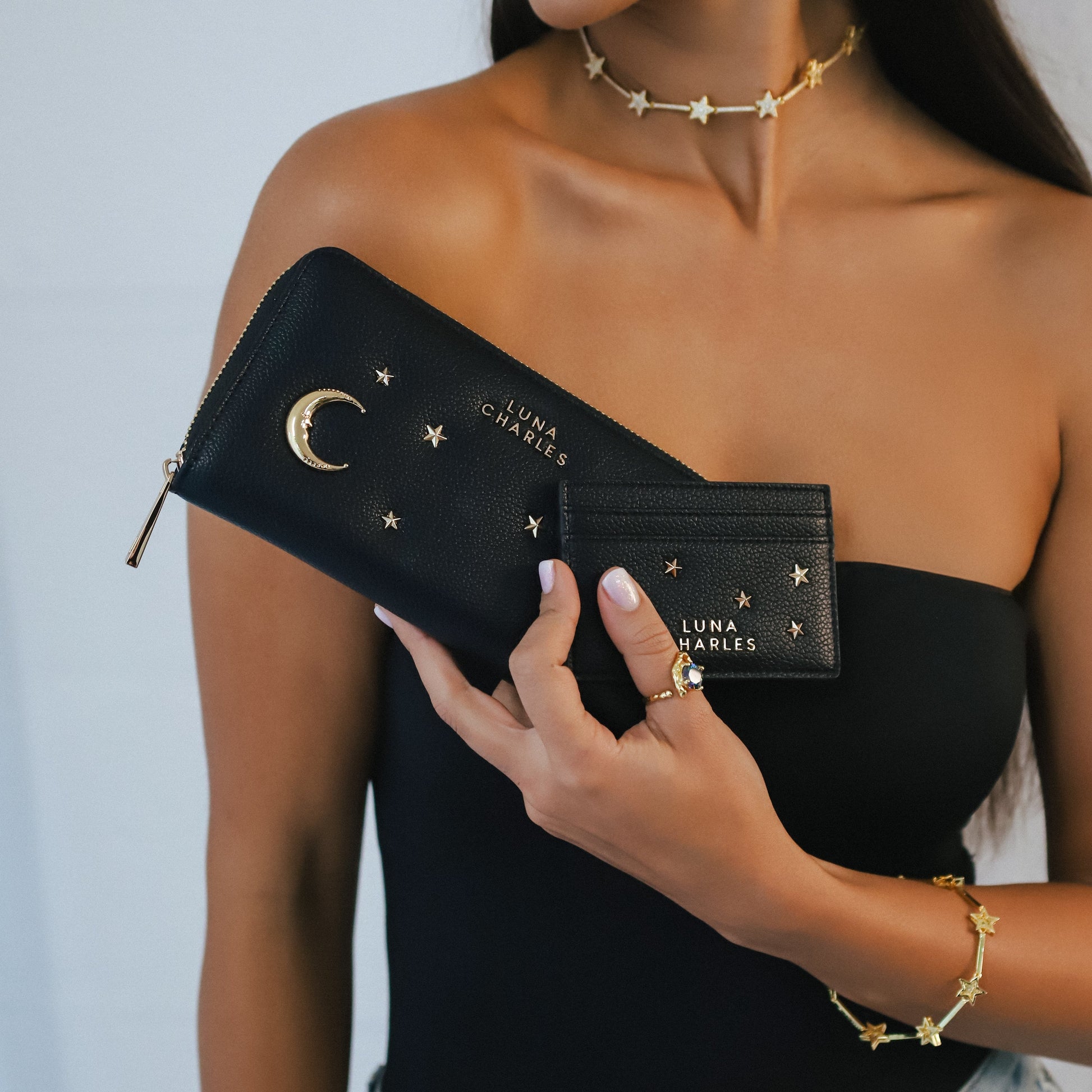 Tala Star Studded Card Holder - Black & Gold - Purse