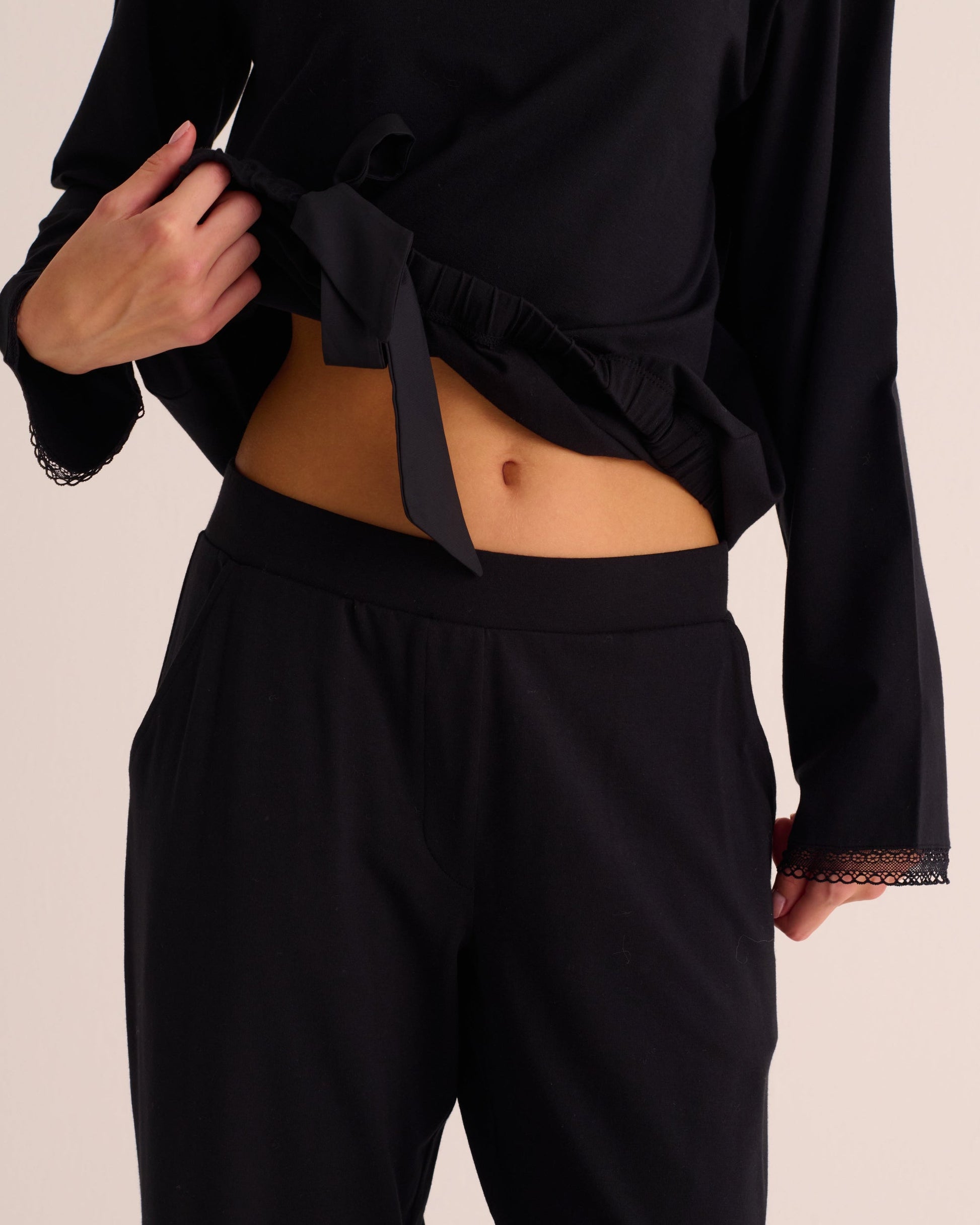Black Modal Pyjama Set with Lace Trim - Loungewear