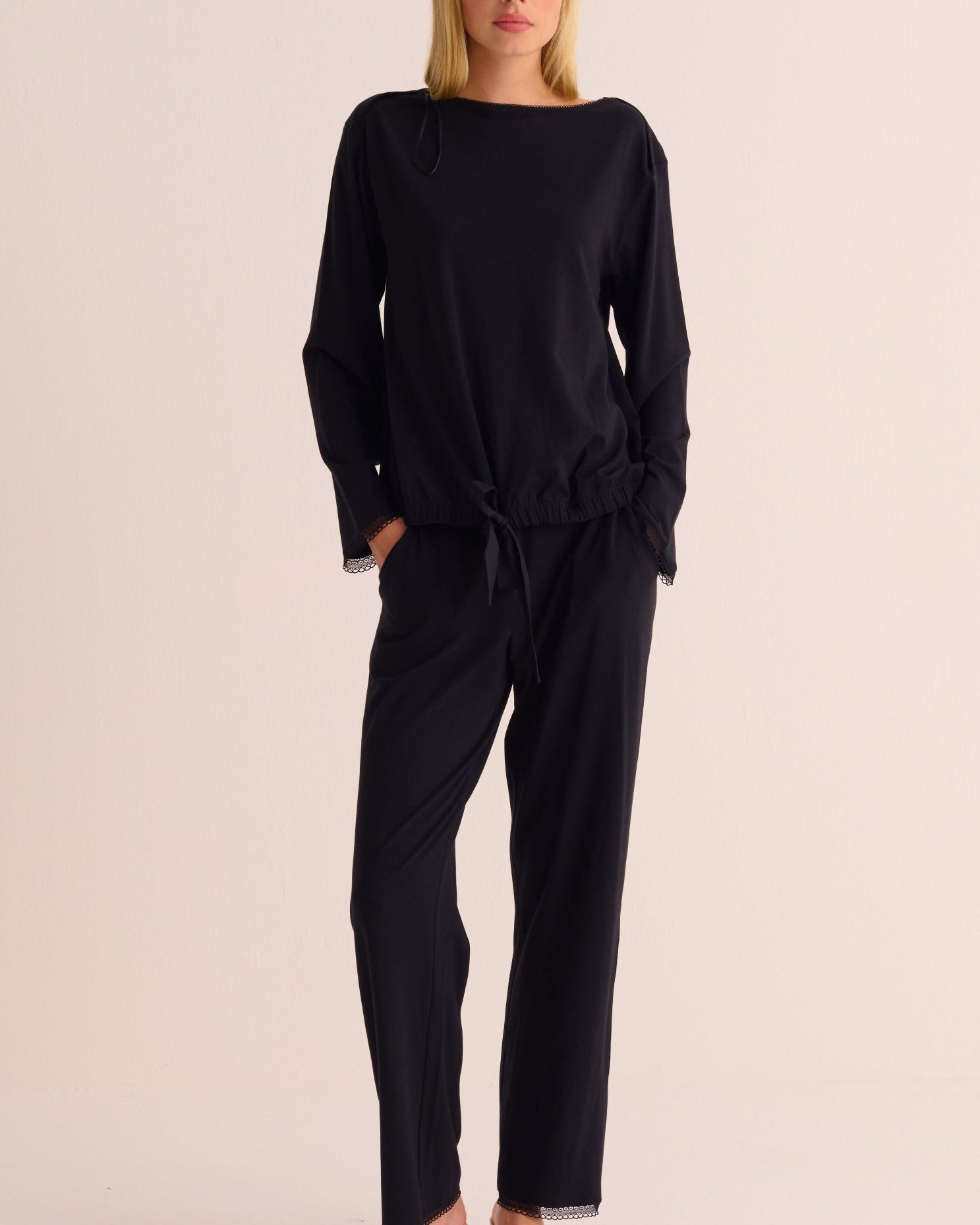 Black Modal Pyjama Set with Lace Trim - Loungewear