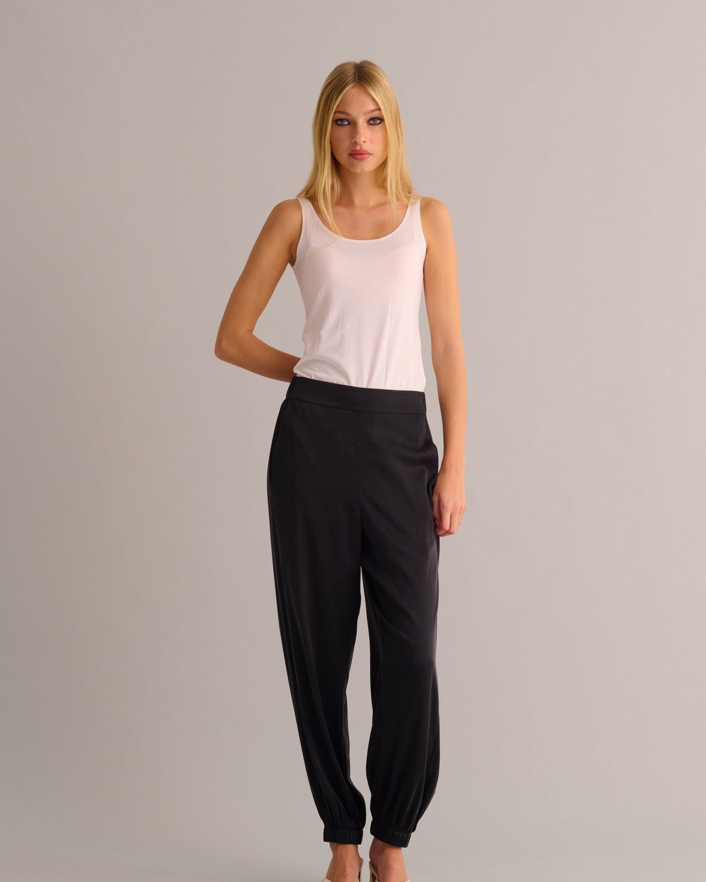 Black Washable Organic Stretch Silk Cuffed Joggers -