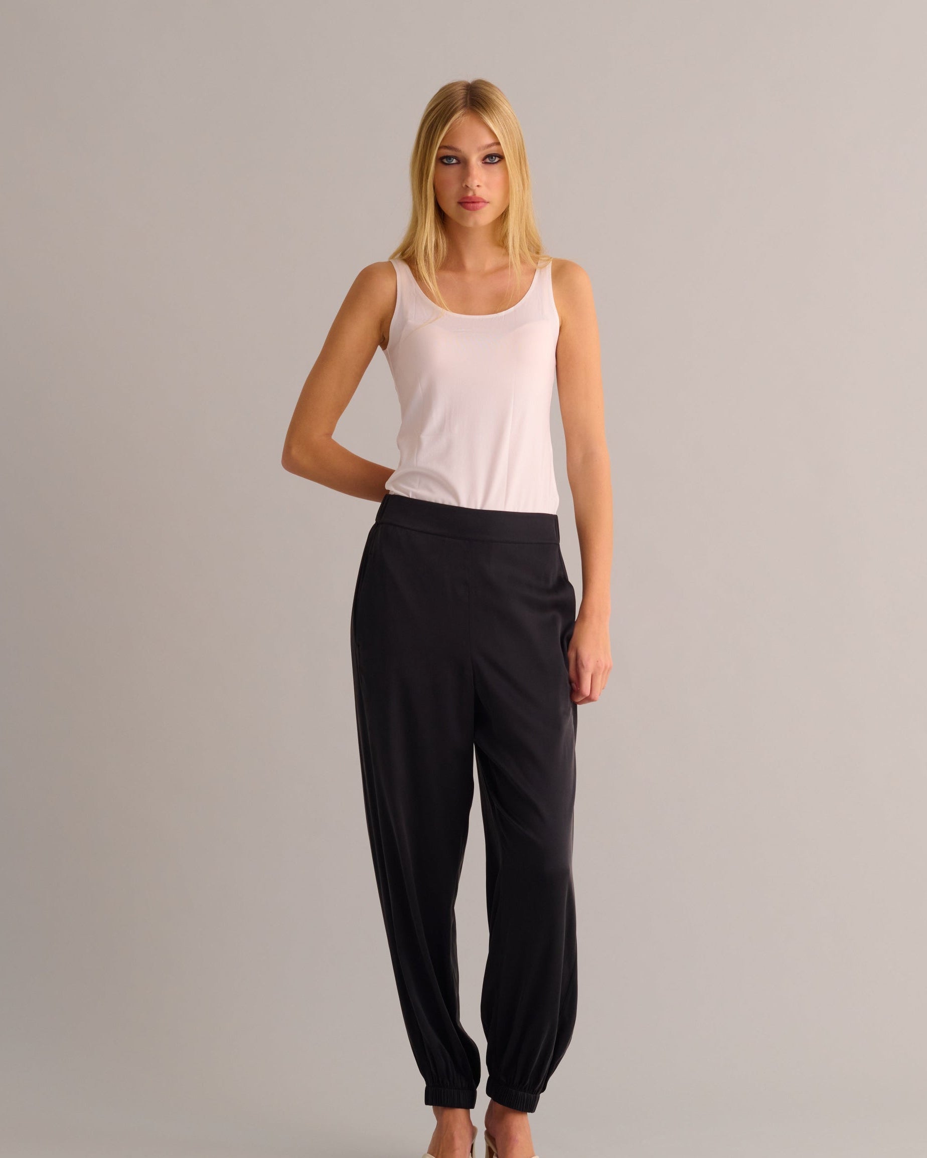 Black Washable Organic Stretch Silk Cuffed Joggers -