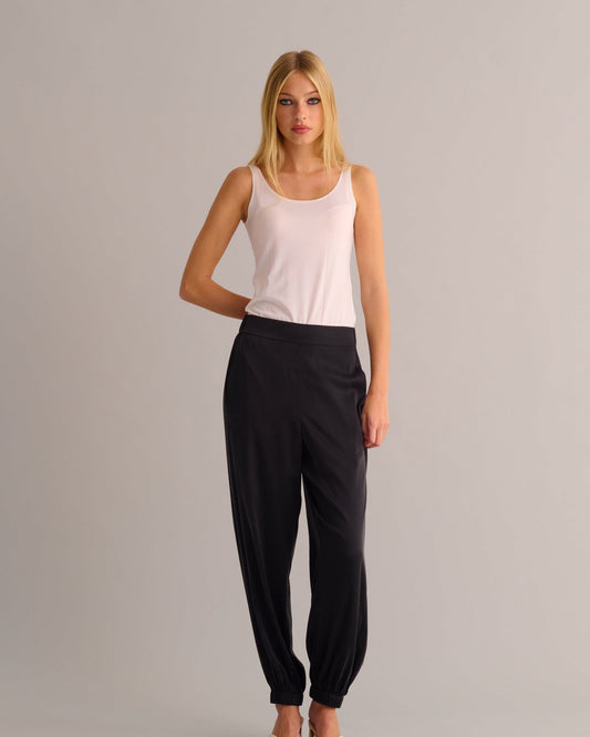 Black Washable Organic Stretch Silk Cuffed Joggers -