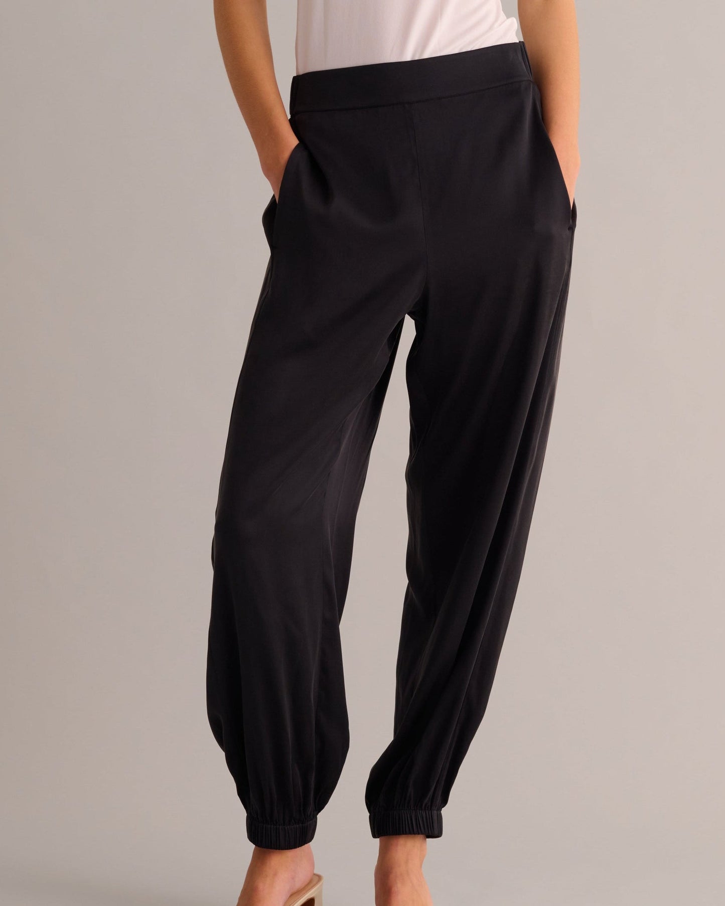 Black Washable Organic Stretch Silk Cuffed Joggers -