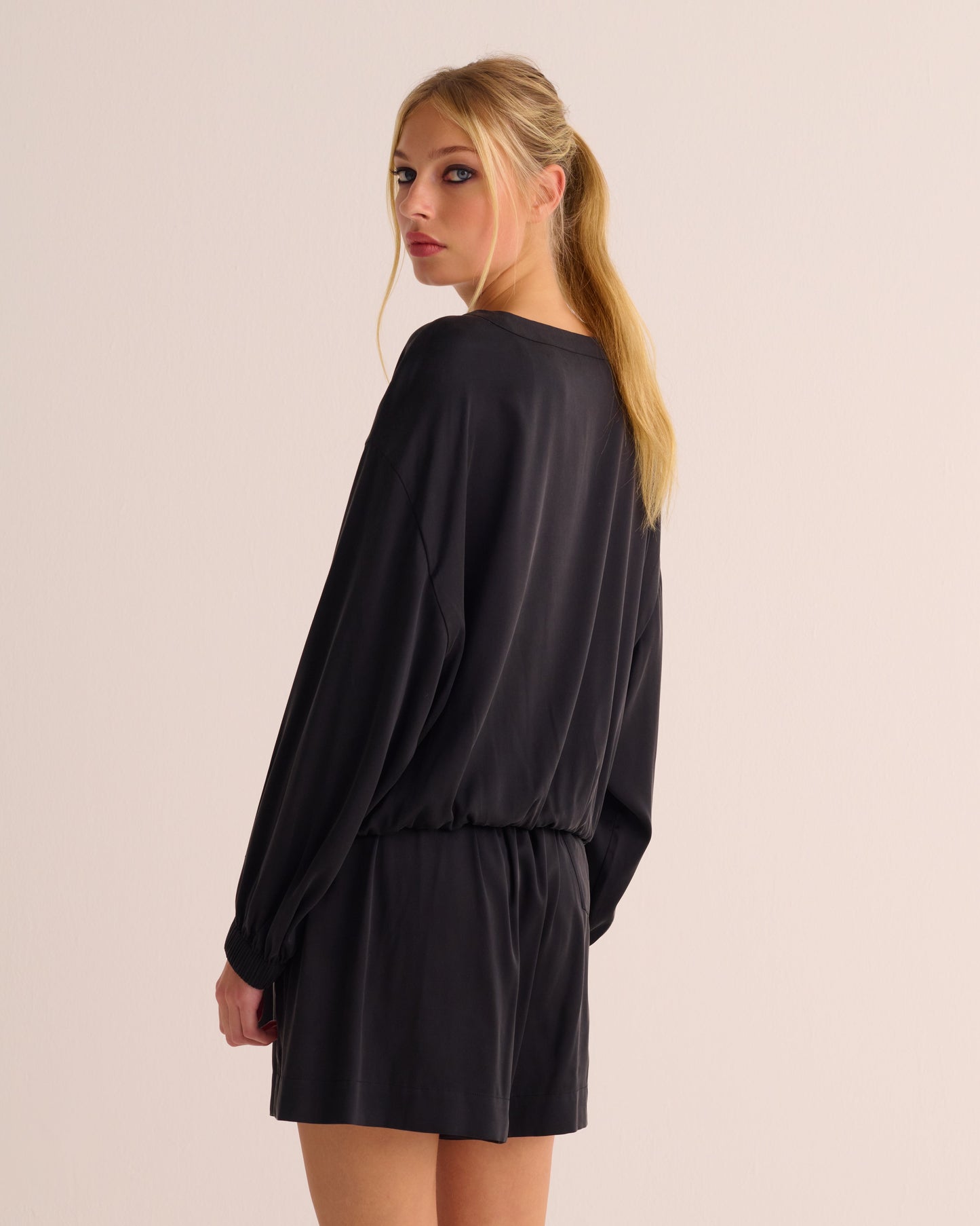 Black Washable Organic Stretch Silk Tie-Waist Sweatshirt -
